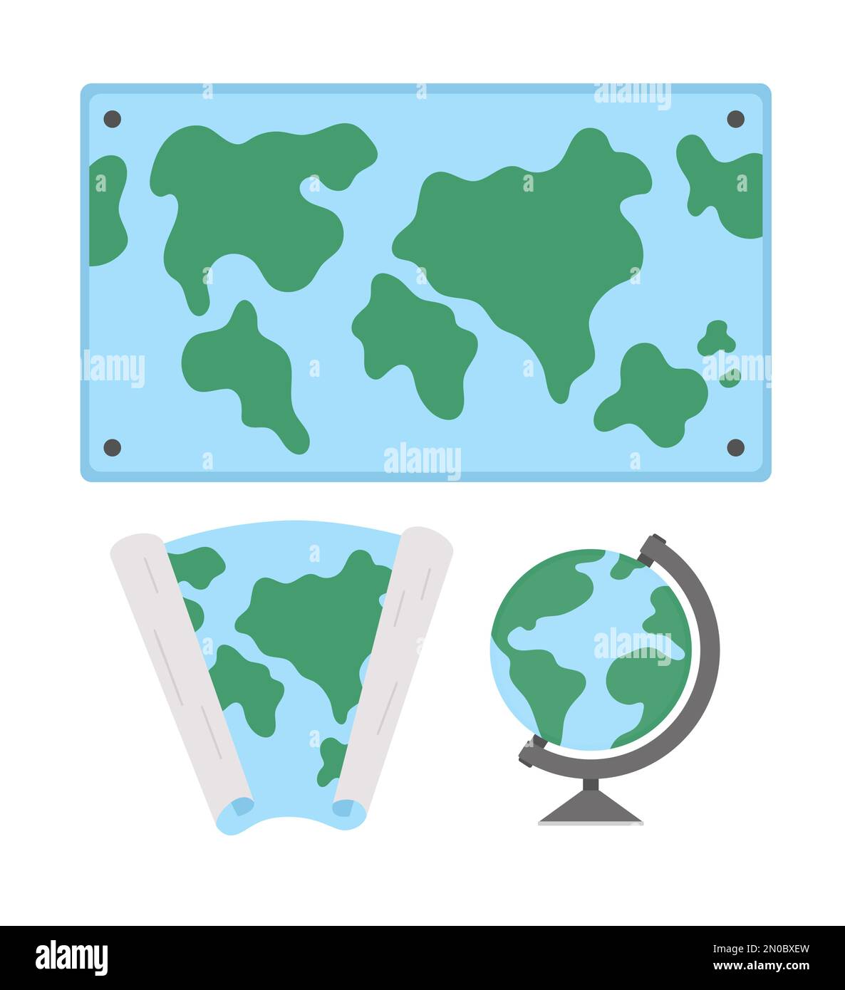 Mappe vettoriali del mondo e illustrazione del globo. Collezione di cartelli in aula. Torna alla clipart scolastica. Concetti di classe geografica Illustrazione Vettoriale