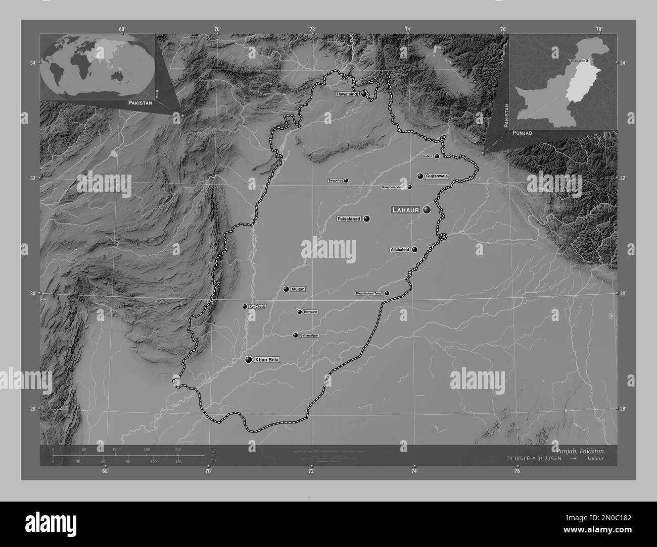 Punjab, provincia del Pakistan. Mappa in scala di grigi con laghi e fiumi. Località e nomi delle principali città della regione. Posizione ausiliaria d'angolo Foto Stock