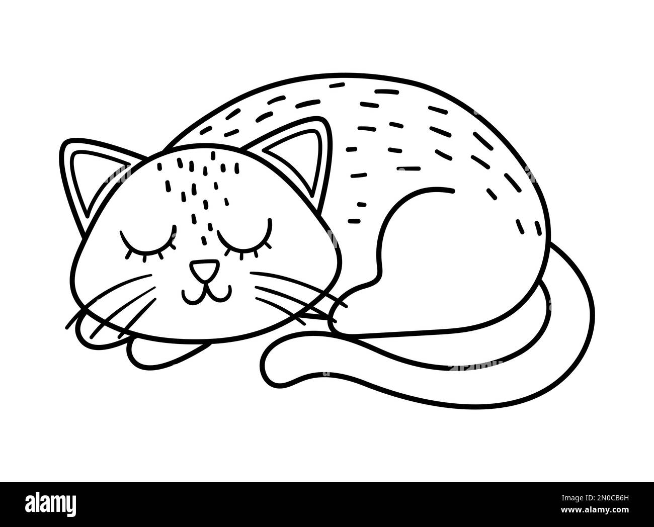 Carino vettore nero e bianco gatto addormentato. Icona del personaggio di Halloween. Autunno divertente tutti i santi vigilia illustrazione con animale spaventoso. Samhain partito colorazione Illustrazione Vettoriale