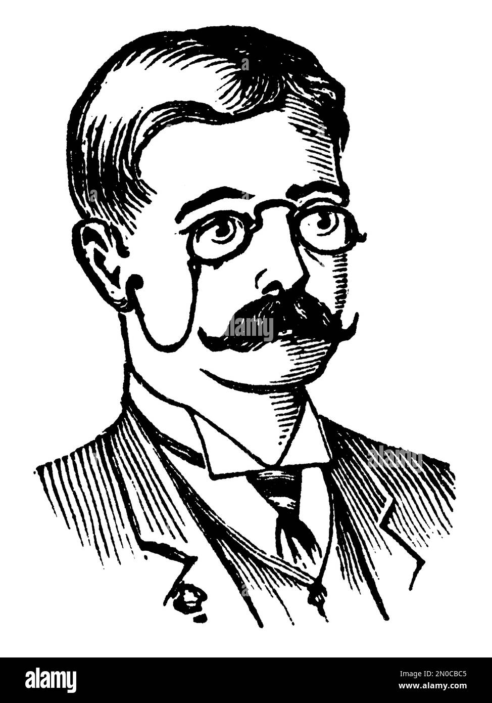 Antica illustrazione del 19th ° secolo di uomo che indossa un paio di occhiali (isolato su bianco). Pubblicato in Systematischer Bilder-Atlas zum Conversations-Lex Foto Stock