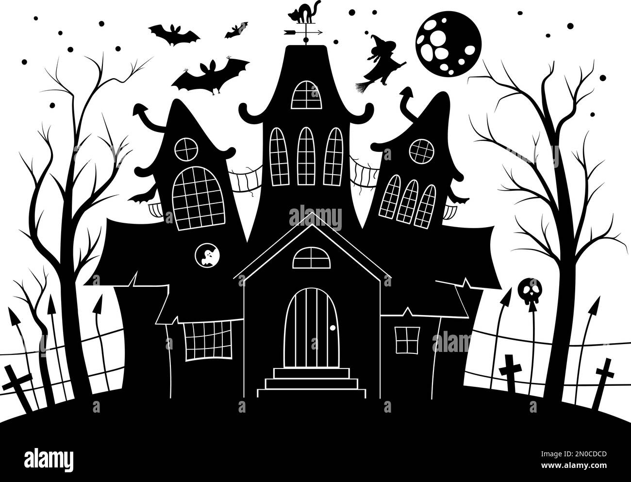Immagine in bianco e nero di casa infestata da fantasmi vettoriali. Sfondo di Halloween con silhouette di spooky cottage con grande luna, fantasmi, pipistrelli, cimitero. Spaventoso Illustrazione Vettoriale