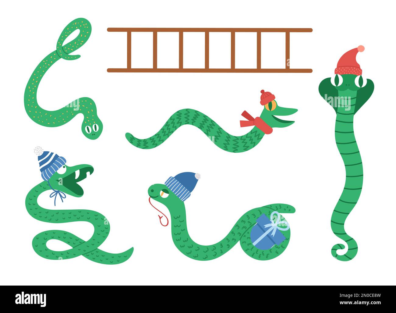 Serpenti e scaletta clipart. Divertenti animali di Natale in cappelli e sciarpe per il gioco da tavolo educativo. Simpatico serpent inverno illustrazione isolato su bianco b Illustrazione Vettoriale