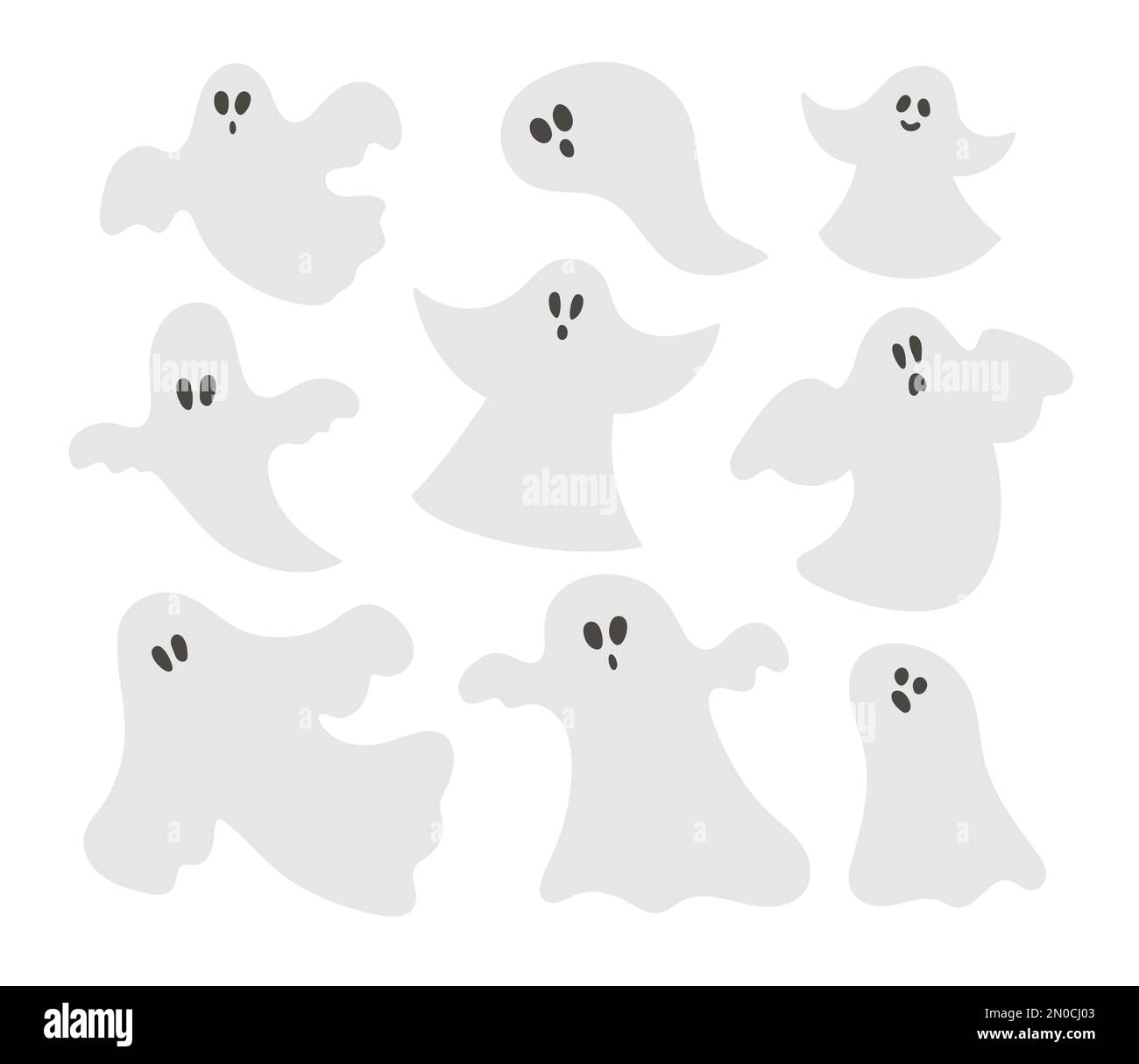 Set di fantasmi vettoriali. Illustrazione di festa di Halloween con i spooks divertenti. Design spaventoso per la festa autunnale di Samhain. Tutti gli elementi del giorno dei santi. Illustrazione Vettoriale