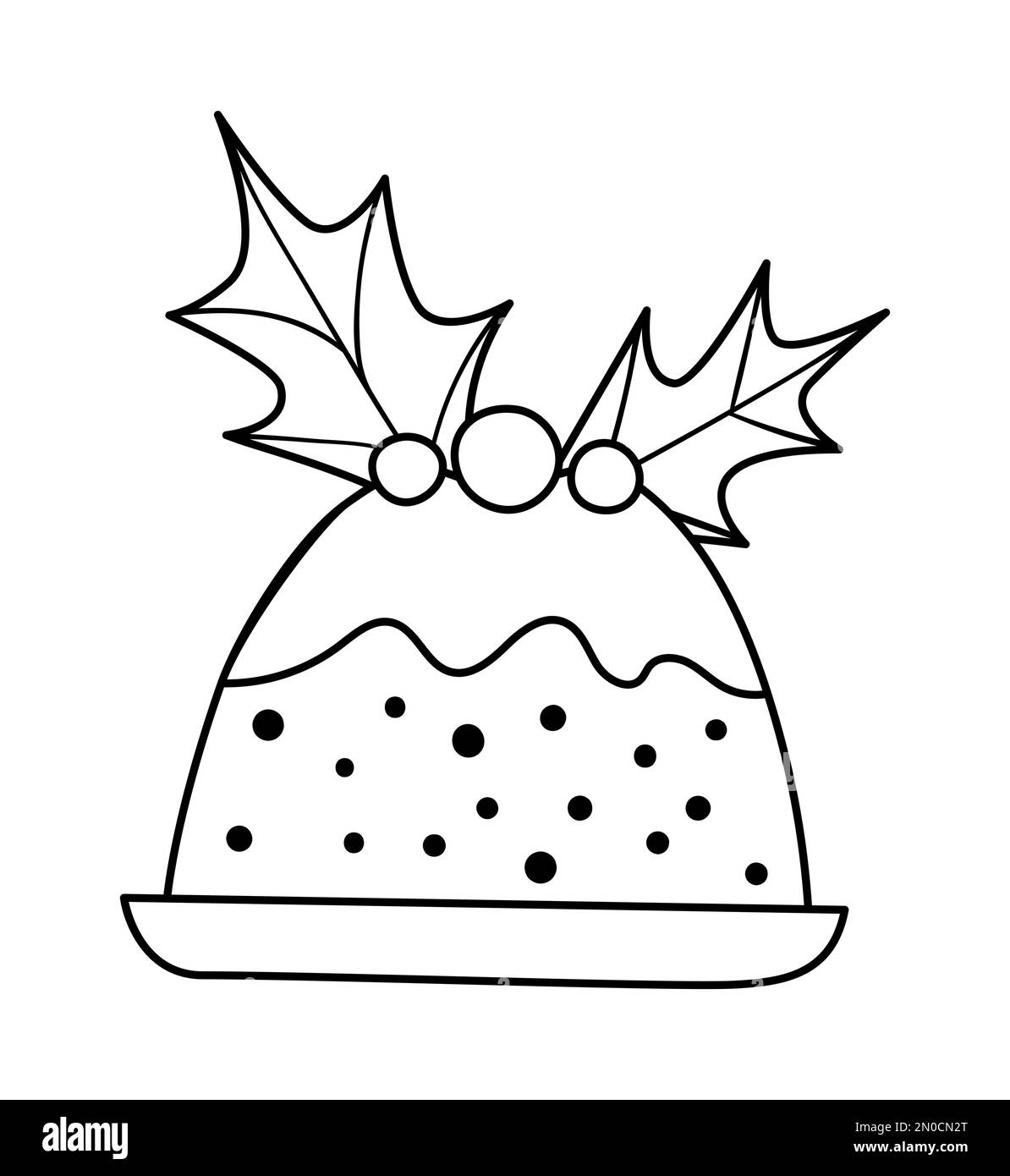 Budino di Natale in bianco e nero vettoriale con foglie sacre e bacche rosse isolate su sfondo bianco. Simpatico illustrazione divertente di pasticceria di nuovo anno. TR Illustrazione Vettoriale