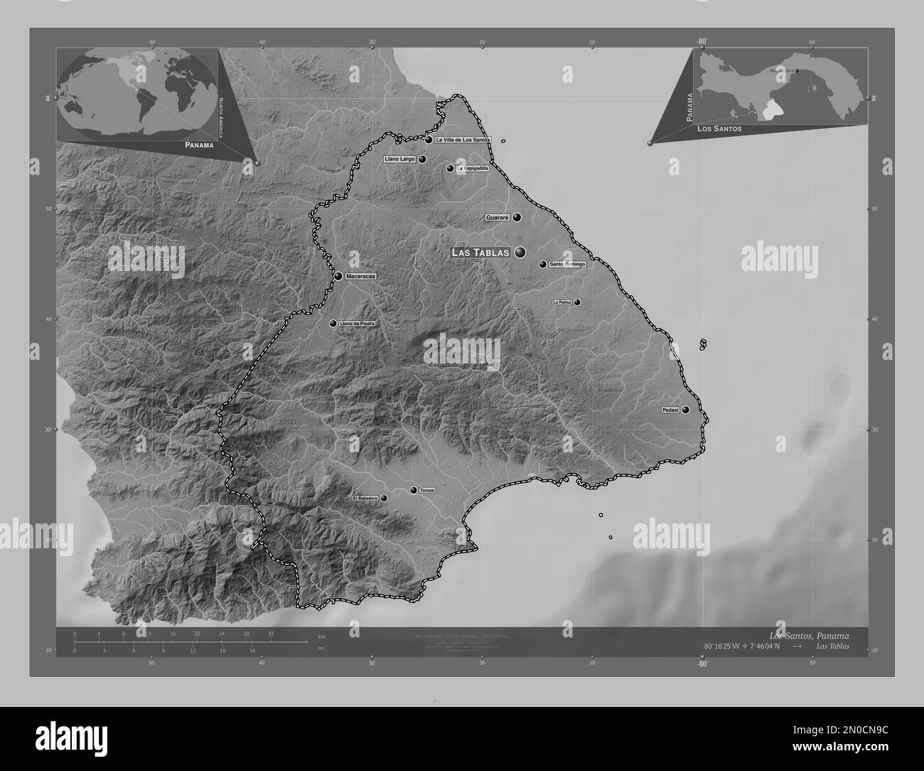 Los Santos, provincia di Panama. Mappa in scala di grigi con laghi e fiumi. Località e nomi delle principali città della regione. Pos. Ausiliario angolo Foto Stock