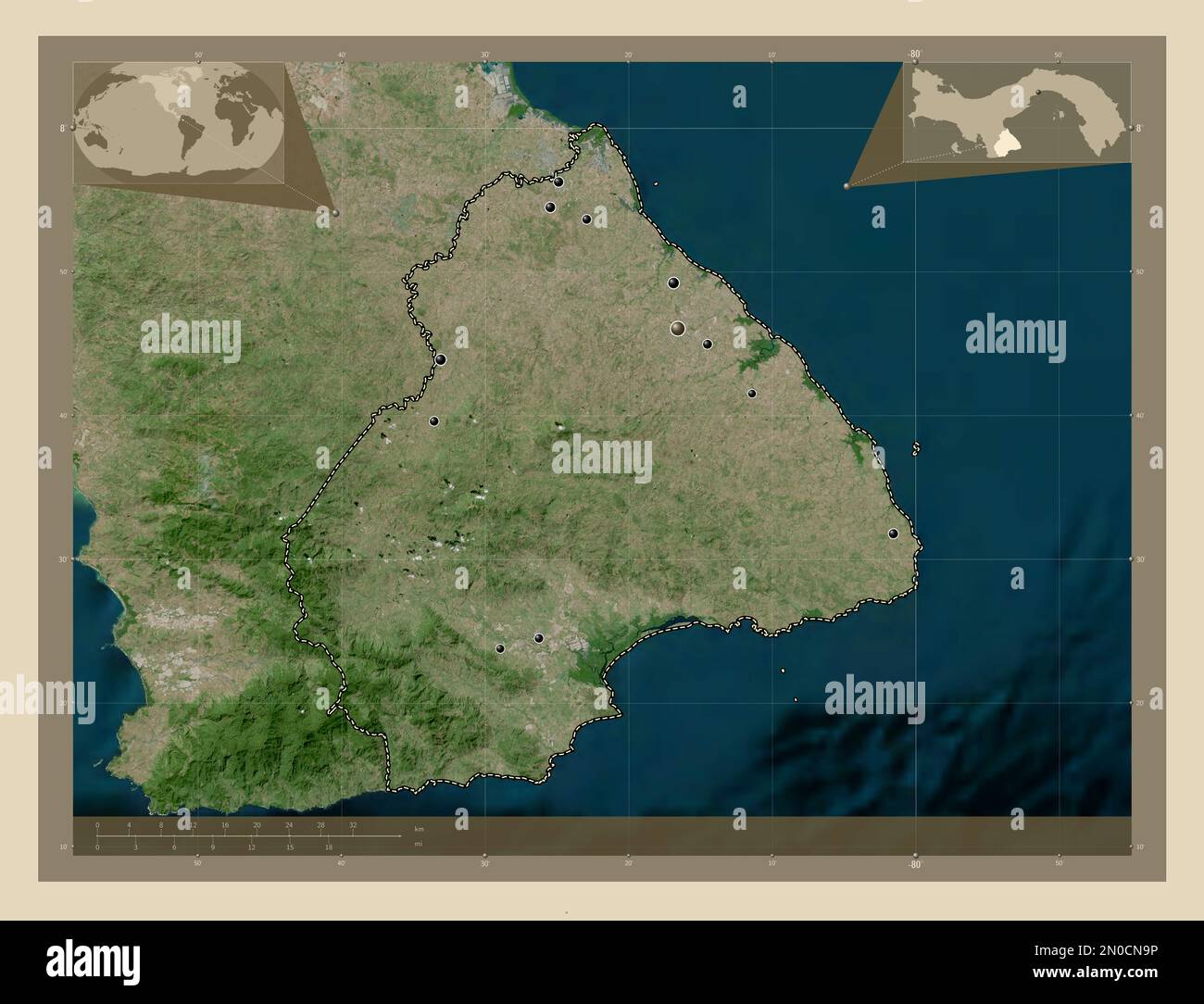 Los Santos, provincia di Panama. Mappa satellitare ad alta risoluzione. Posizioni delle principali città della regione. Mappe delle posizioni ausiliarie degli angoli Foto Stock