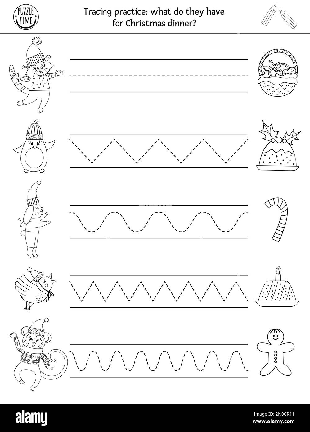 Foglio di lavoro di esercitazione di grafia di Natale del vettore. Attività in bianco e nero stampabile invernale per bambini in età prescolare. Pedagogico didattico per writi Illustrazione Vettoriale