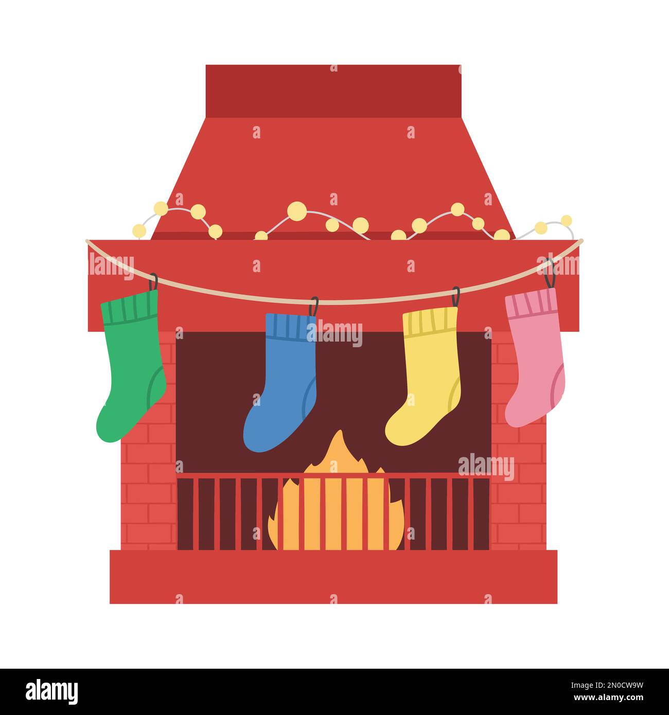 Camino colorato carino con calze e ghirland. Natale illustrazione di camino con calze con regali. Festa invernale icona. Divertente Illustrazione Vettoriale