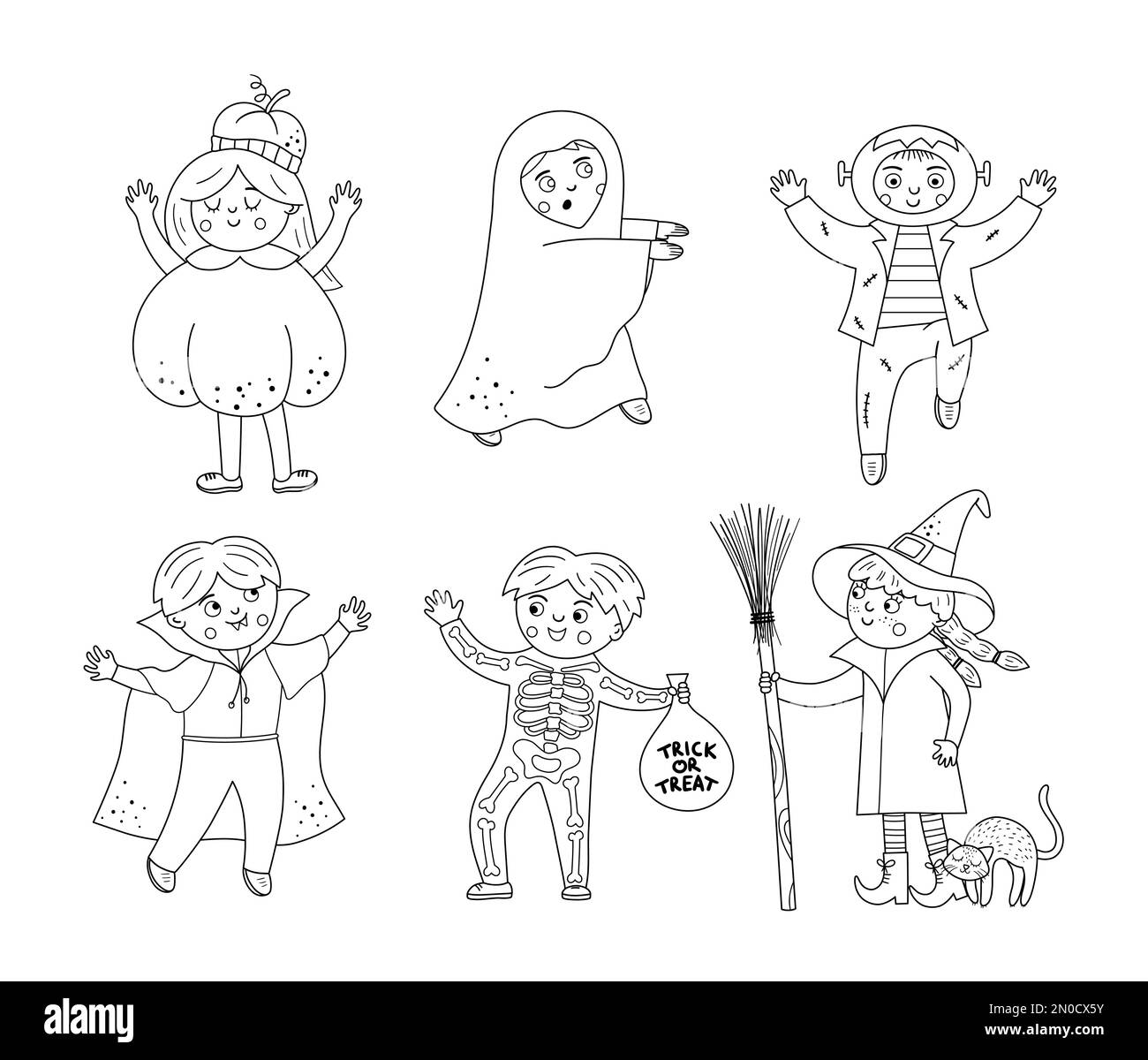 Set di carini vettori in bianco e nero Halloween personaggi. Bambini in costumi spaventosi collezione. Autunno divertente tutti i santi vigilia illustrazione con vampiro, Illustrazione Vettoriale