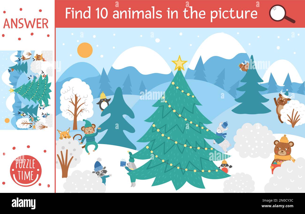 Vettore Natale gioco di ricerca con personaggi carini nella foresta  invernale. Trova gli animali nascosti nella foto. Semplice divertimento  educativo nuovo anno stampabile a Immagine e Vettoriale - Alamy