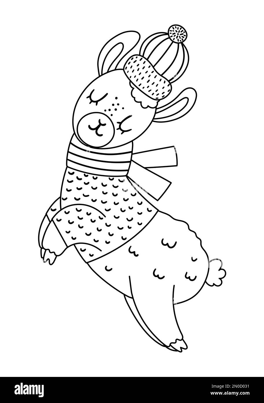 Lama vettoriale in bianco e nero in cappello, sciarpa e maglione. Simpatica illustrazione di animali invernali. Divertente disegno della scheda di Natale. Icona della linea di Capodanno con sorridente Illustrazione Vettoriale