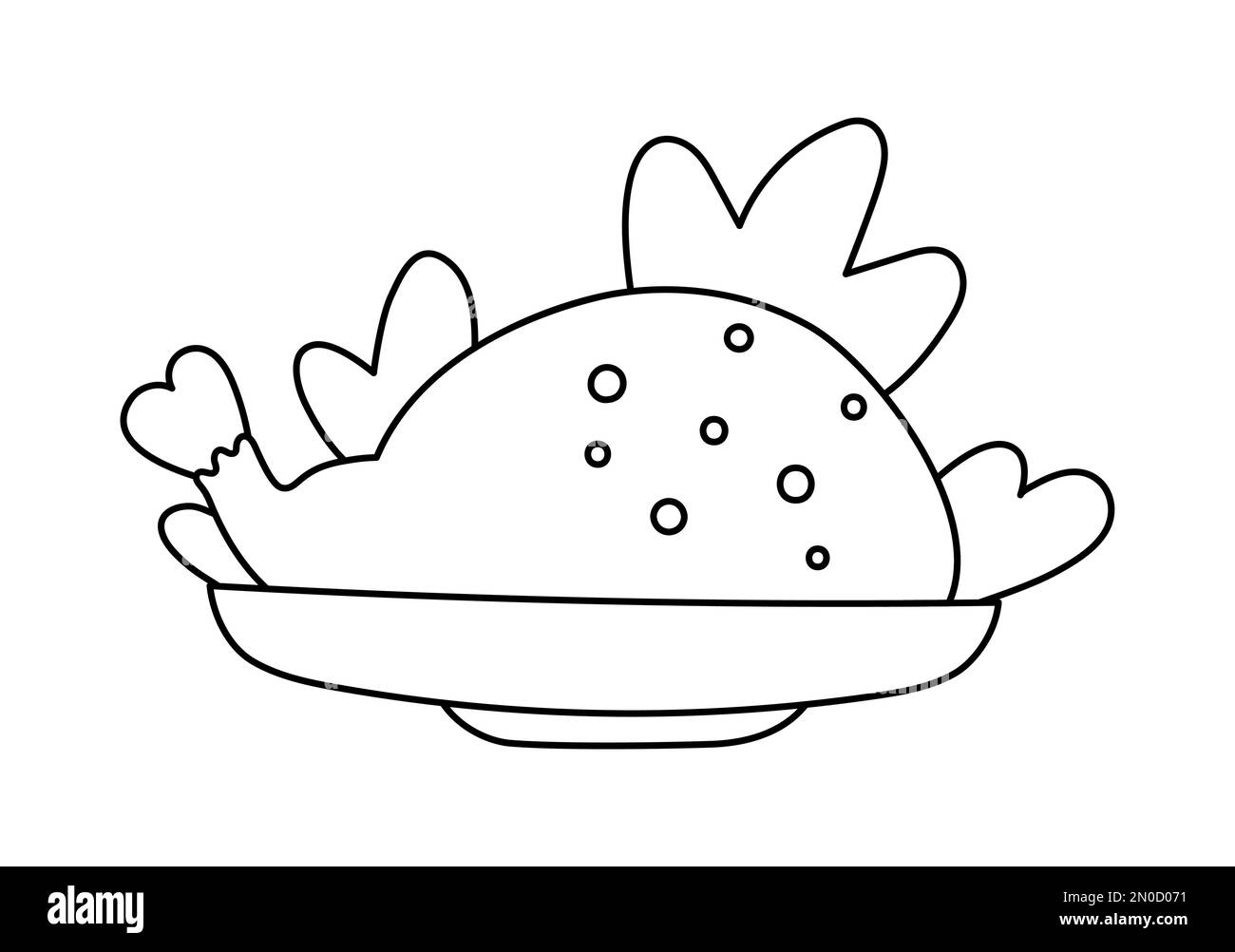 Vector pollo fritto bianco e nero o tacchino su un piatto. Natale o il giorno del Ringraziamento cibo festivo. Pasto di festa isolato su sfondo bianco. Traditio Illustrazione Vettoriale