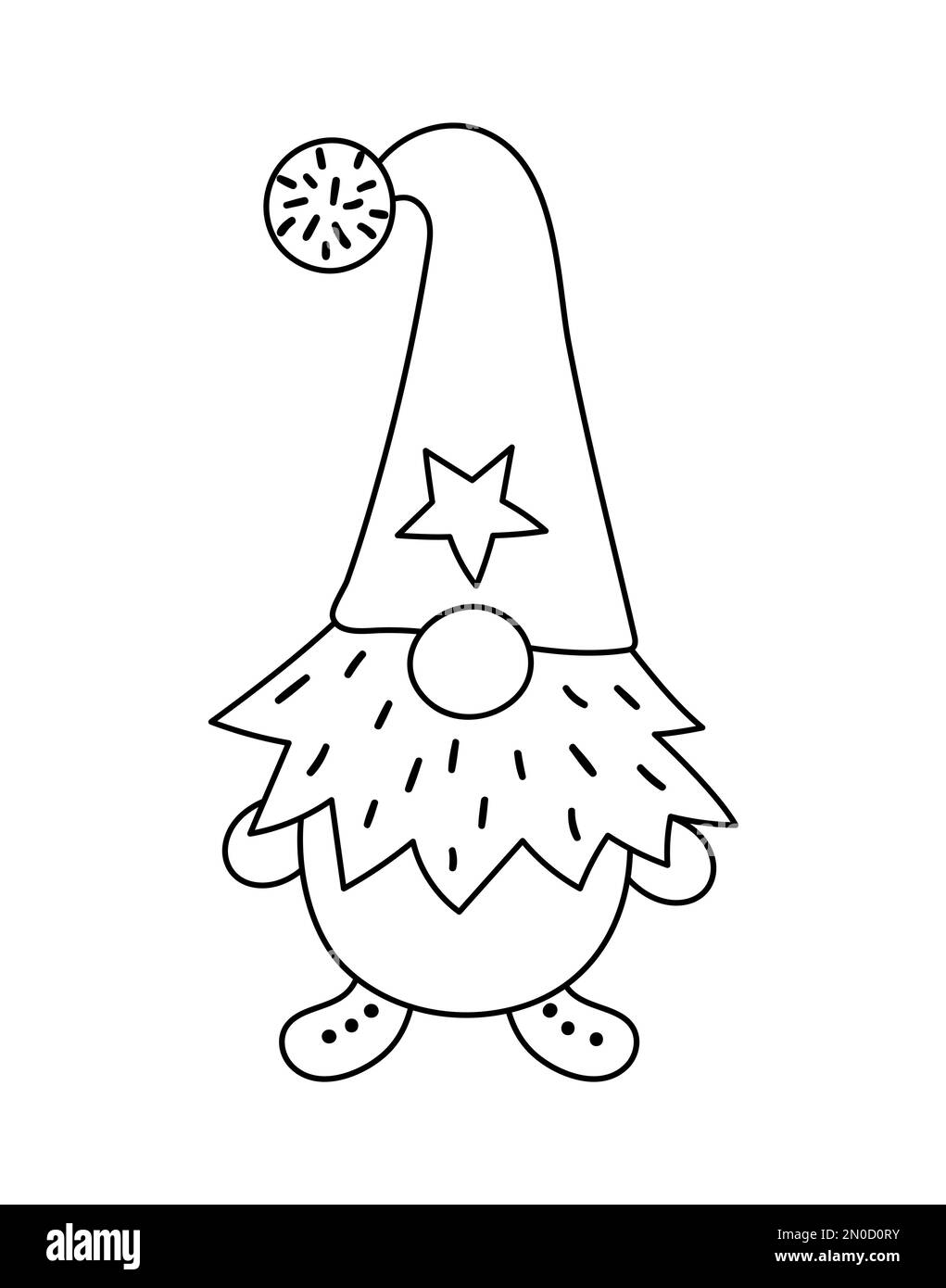 Grazioso gnomo di Natale scandinavo bianco e nero isolato su sfondo bianco. Carattere Vector New Year in berretto rosso con barba lunga. Divertente linea nana Illustrazione Vettoriale