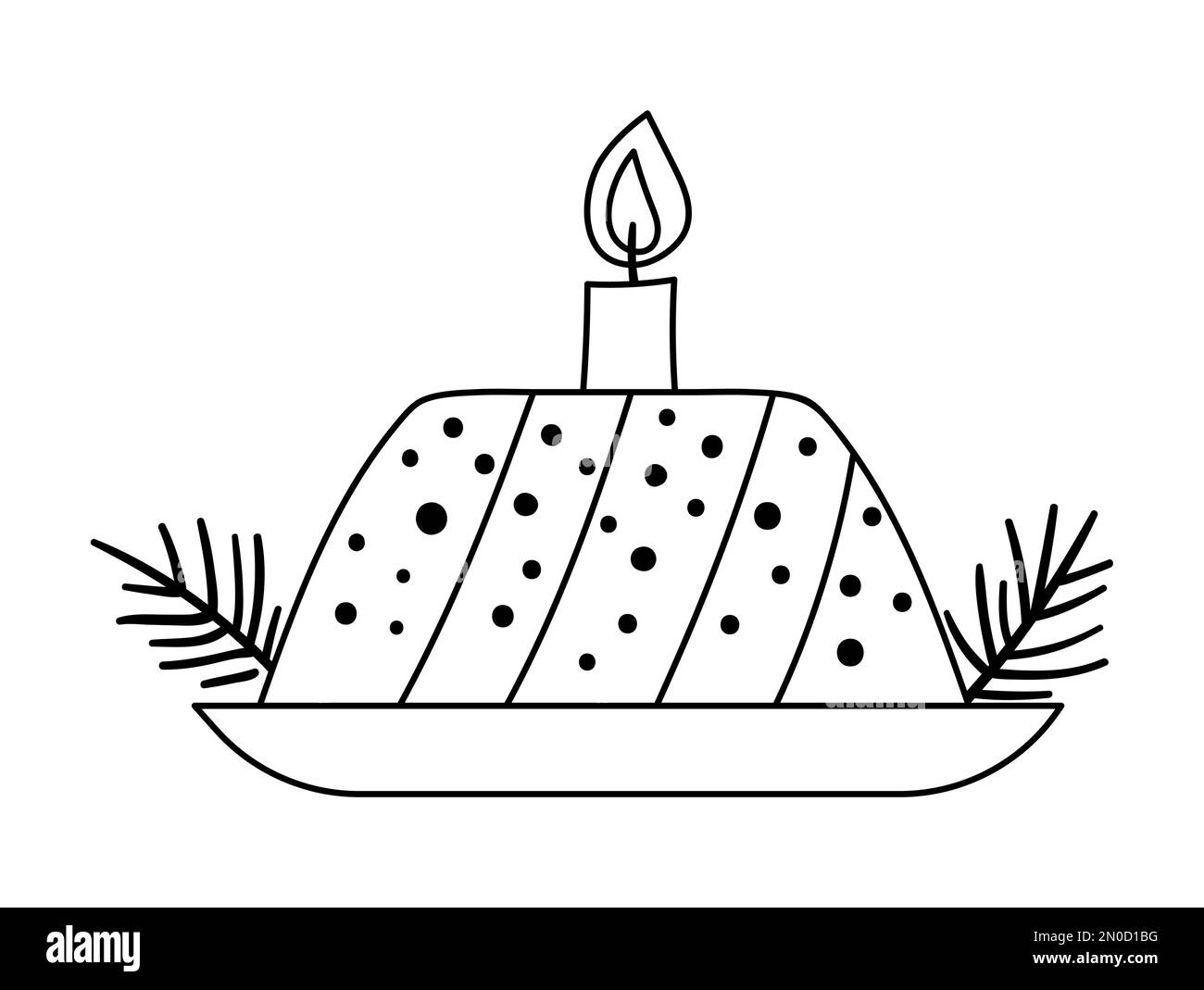 Torta di Natale in bianco e nero Vector con rametti di conifere e candela isolata su sfondo bianco. Simpatico illustrazione divertente di pasticceria di nuovo anno. Traditio Illustrazione Vettoriale