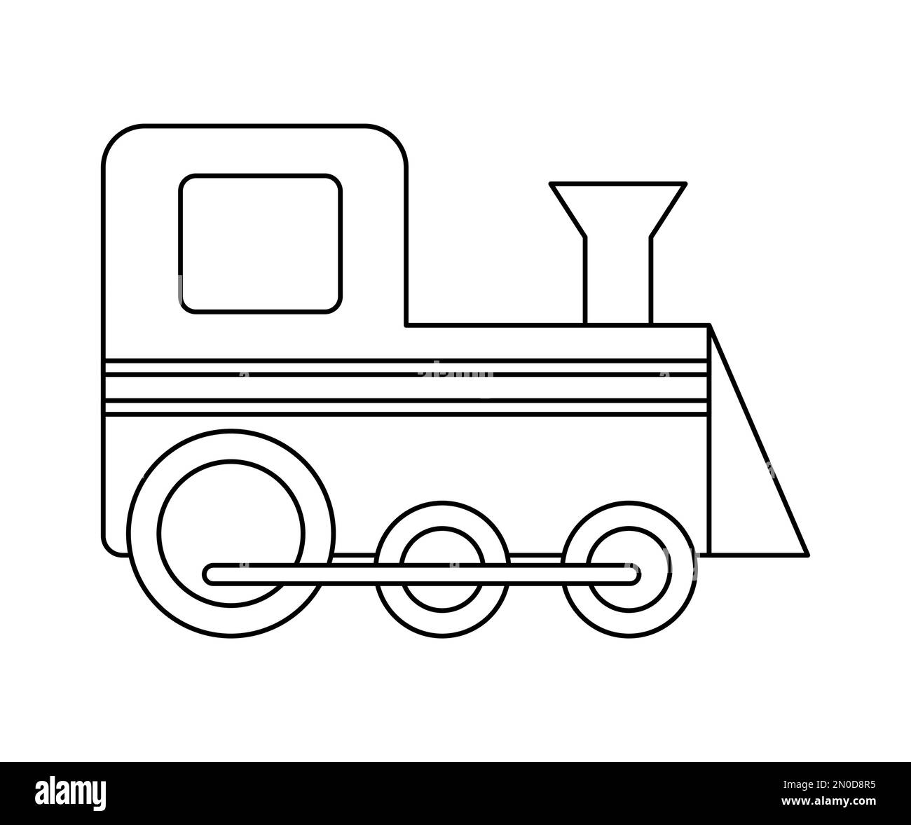 Treno giocattolo Vector bianco e nero isolato su sfondo bianco. Illustrazione carina del motore per i bambini. Icona divertente della linea di trasporto per i bambini Illustrazione Vettoriale