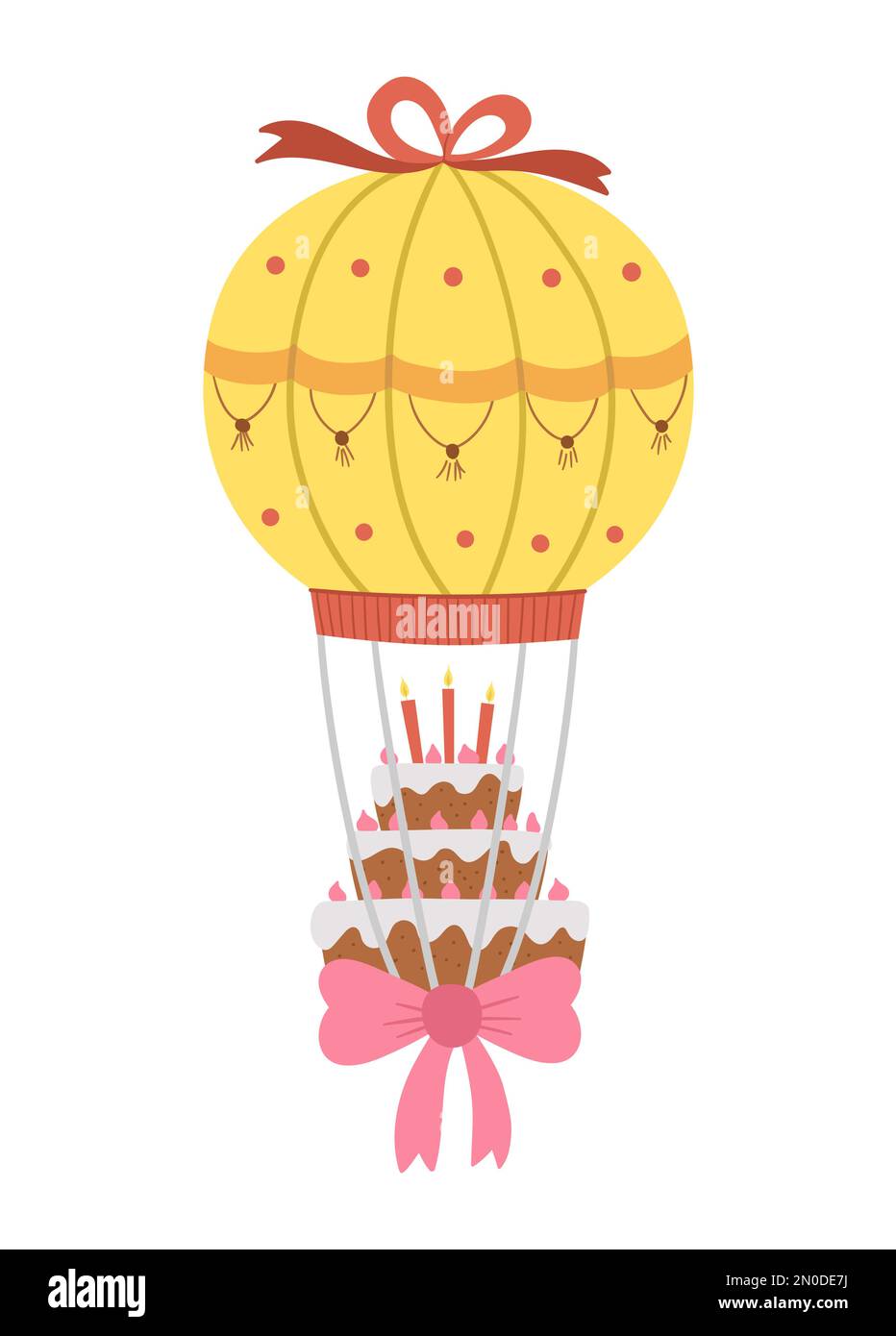 Dolce vettoriale carino con candele che volano su palloncino colorato ad aria calda con arco rosa. Divertente clipart di dessert di compleanno per cartellone, poster, stampa design. Brillante h Illustrazione Vettoriale