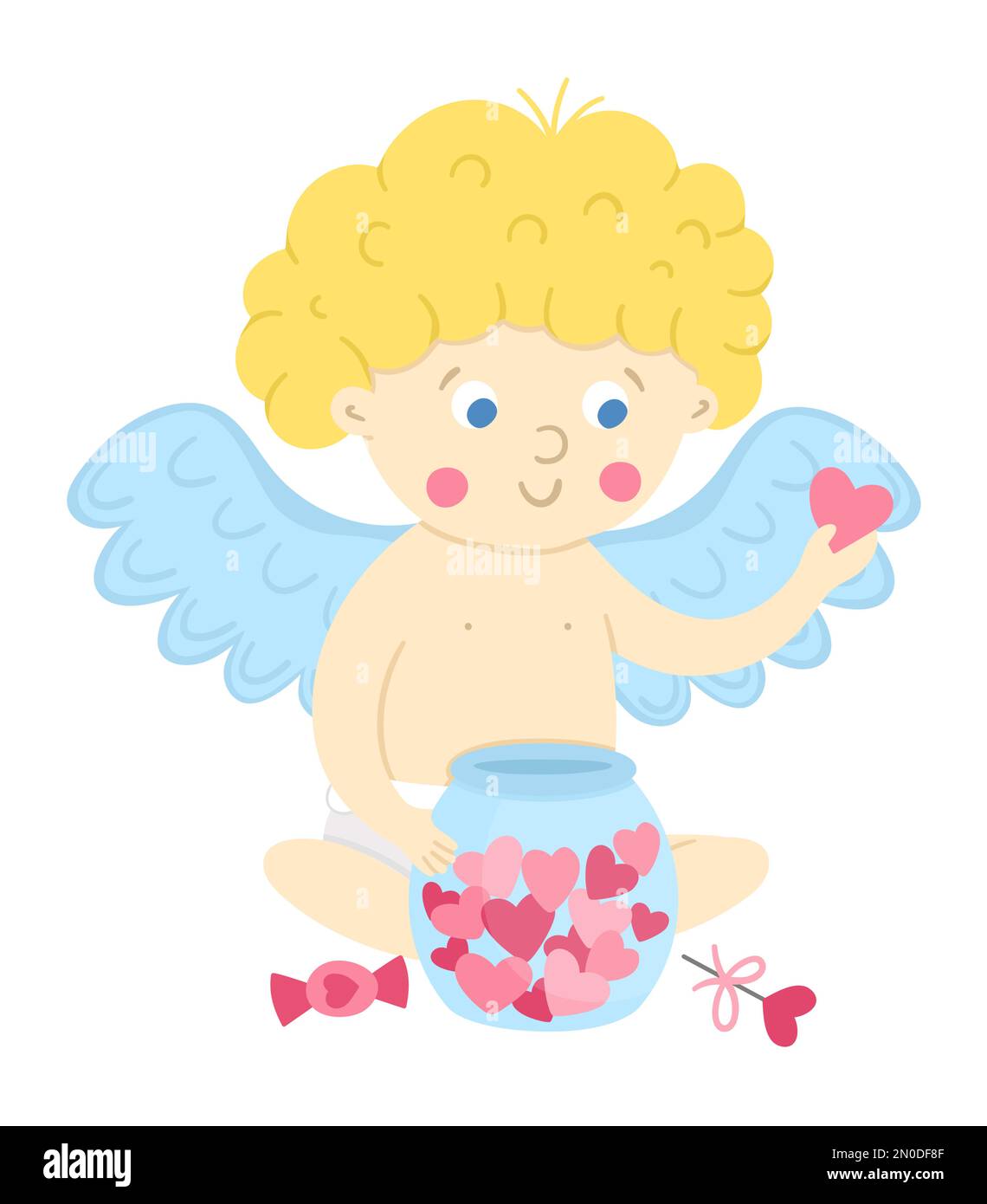 Cupido vettoriale con vaso di cuori. Divertente personaggio di San Valentino. Felice angelo d'amore con ali spalancate. Icona giocosa di cherubino isolata su sfondo bianco Illustrazione Vettoriale