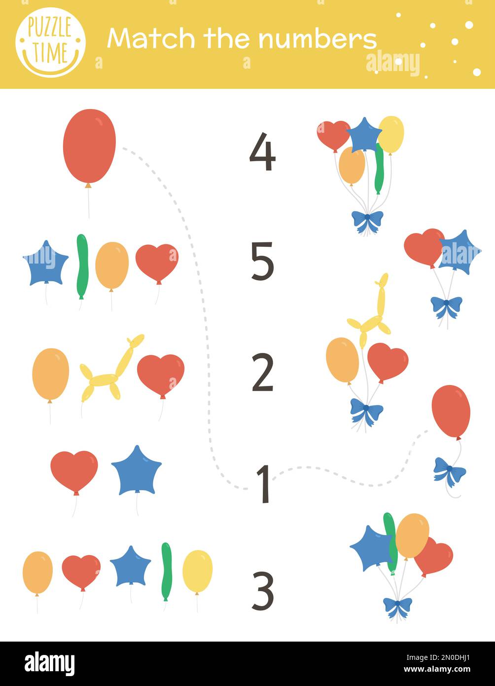 Partita di compleanno con palloncini colorati. Vacanza matematica attività per bambini prescolare. Foglio di calcolo stampabile per celebrazioni educative con Illustrazione Vettoriale