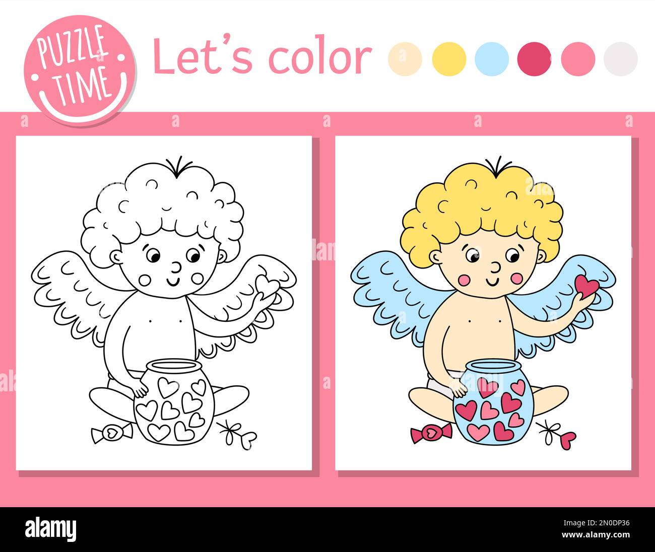 San Valentino colorazione pagina per bambini. Cupido divertente con vaso con cuori. Illustrazione vettoriale con angelo d'amore. Libro a colori con Illustrazione Vettoriale