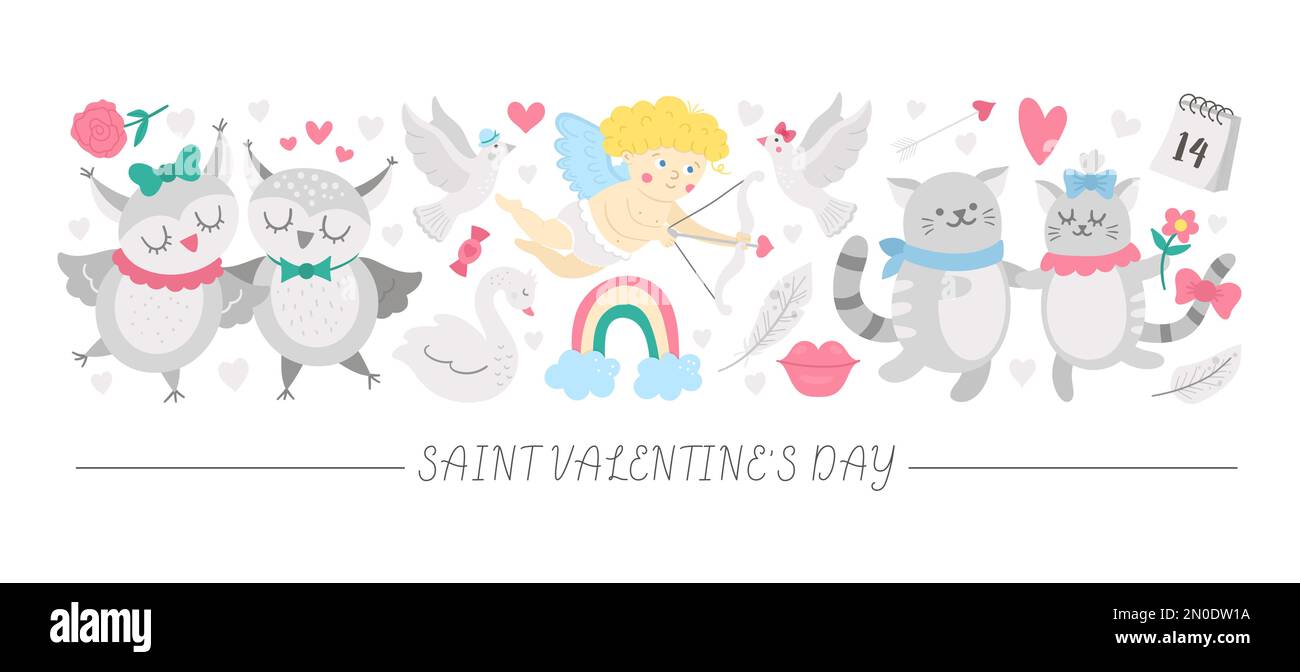 Set orizzontale vettoriale con caratteri ed elementi piatti per San Valentino. Modello di scheda con cupido, animali divertenti, cuori, fiori. Carino Feb Illustrazione Vettoriale