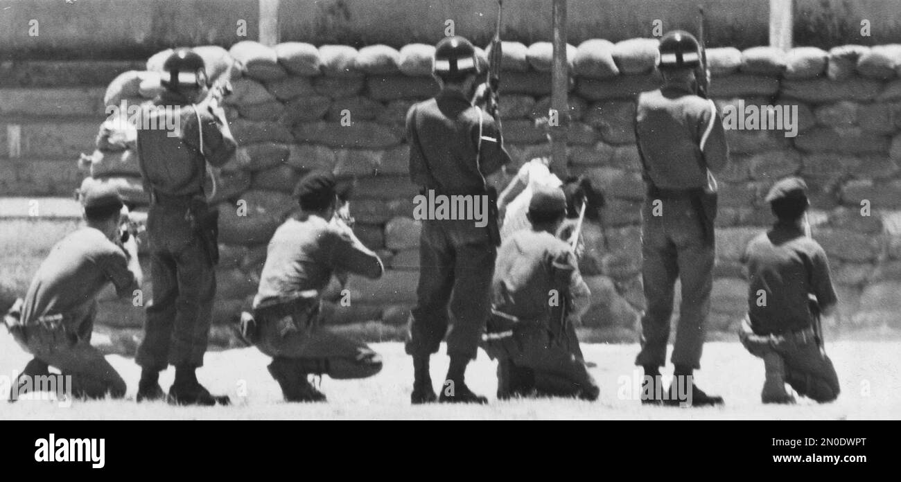 The body of Viet Cong terrorist Le Dau, 24, drops limp after he was executed by a Vietnamese firing squad at a soccer field in Da Nang, South Vietnam, April 15, 1965. Le Dau was convicted of attempting to blow up a hotel occupied by Americans in Da Nang on April 4. (AP Photo/Eddie Adams) Foto Stock