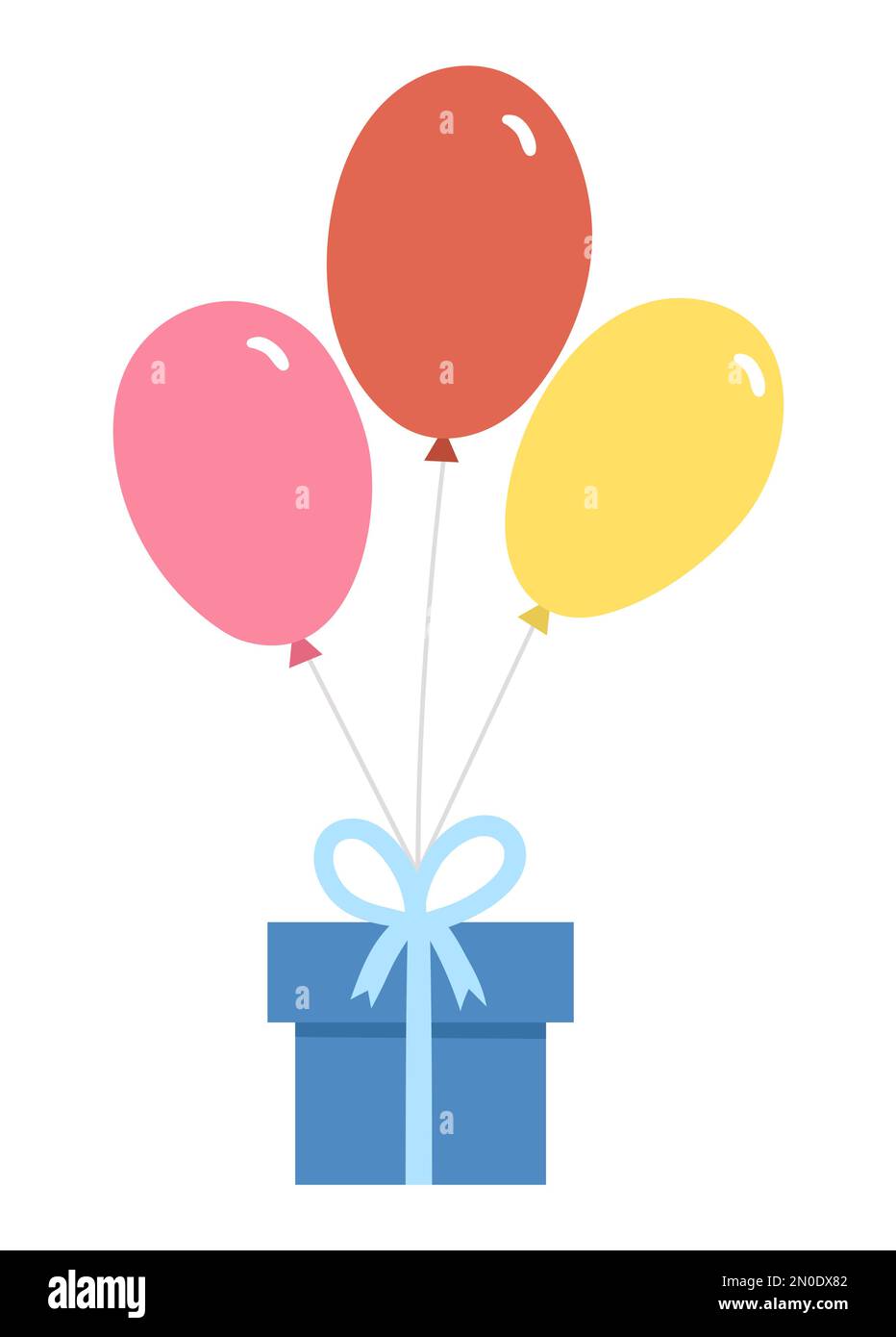 Carino vettore presente volando su un mazzo di palloncini colorati. Divertente regalo di compleanno Clipart per scheda, poster, stampa design. Illustrazione luminosa delle feste f Illustrazione Vettoriale