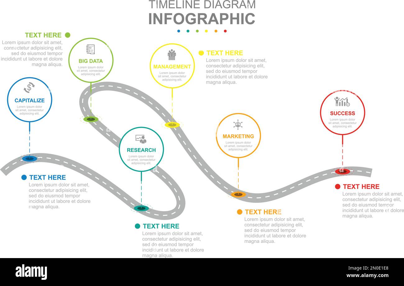Modello aziendale infografico. Schema della linea temporale moderna con presentazione del concetto di viaggio su strada. Illustrazione Vettoriale