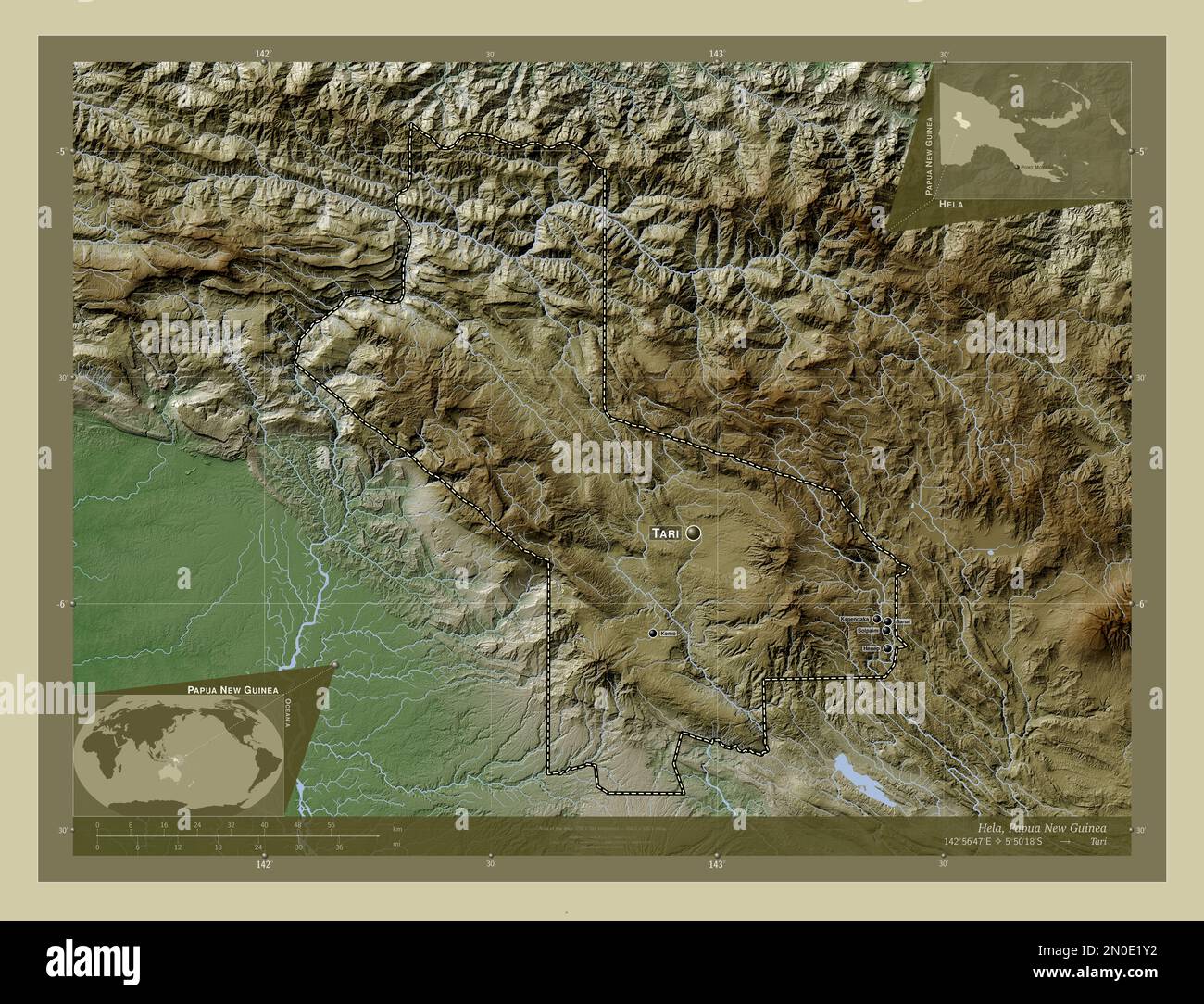 HeLa, provincia di Papua Nuova Guinea. Mappa dell'altitudine colorata