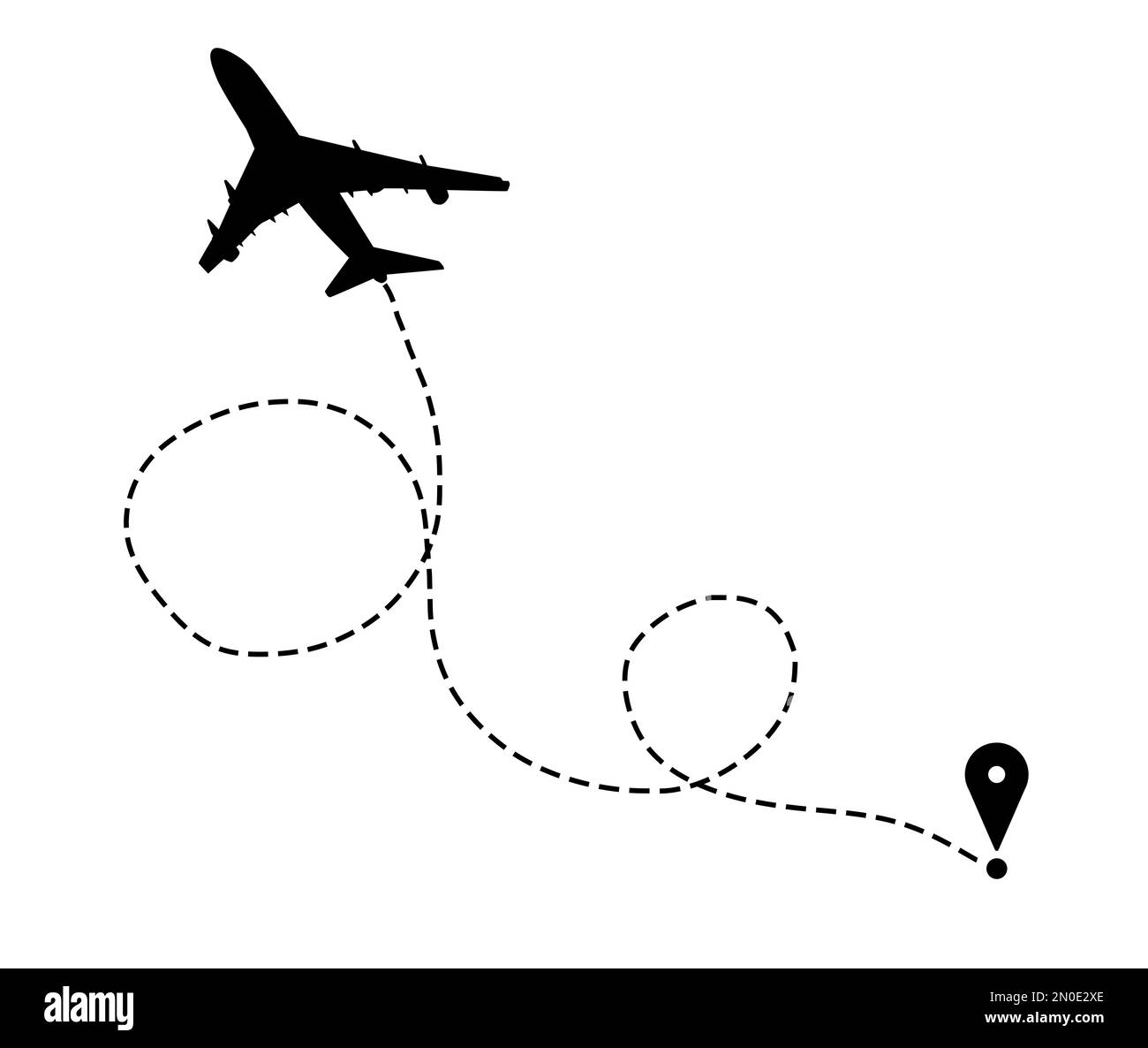 Illustrazione della direzione del volo. Silhouette piana e spilla collegate da una linea tratteggiata su sfondo bianco Foto Stock