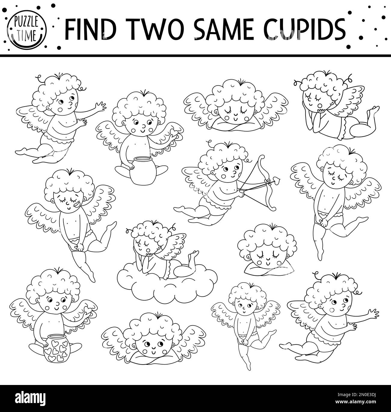 Trovare due stessi cupidi. Vacanza in bianco e nero attività di abbinamento per i bambini. Divertente foglio di lavoro didattico del quiz logico di San Valentino per i bambini. S Illustrazione Vettoriale
