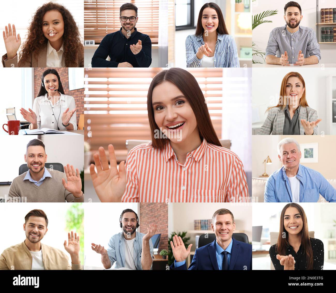Videochiamata di gruppo, conferenza online. Persone diverse, vista dalla fotocamera Foto Stock