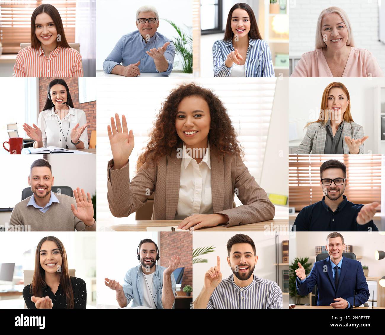 Videochiamata di gruppo, conferenza online. Persone diverse, vista dalla fotocamera Foto Stock