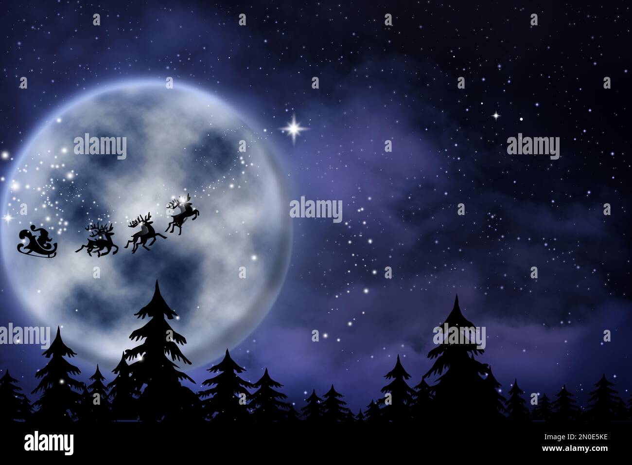 Magia vigilia di Natale. Babbo Natale con renne che volano in cielo nella notte di luna piena Foto Stock