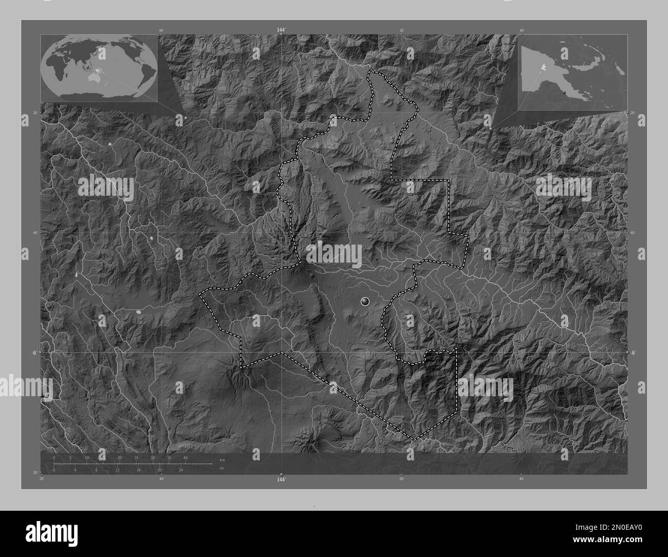 Highlands occidentali, provincia di Papua Nuova Guinea. Mappa in scala di grigi con laghi e fiumi. Mappe delle posizioni ausiliarie degli angoli Foto Stock