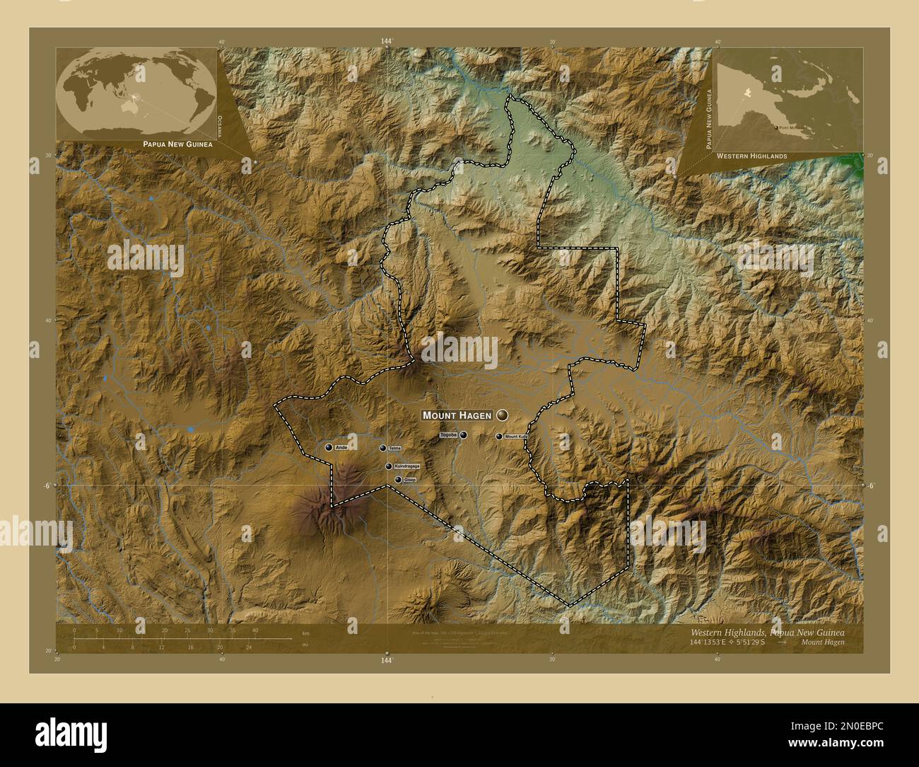 Highlands occidentali, provincia di Papua Nuova Guinea. Mappa di altitudine colorata con laghi e fiumi. Località e nomi delle principali città della regione. Corne Foto Stock