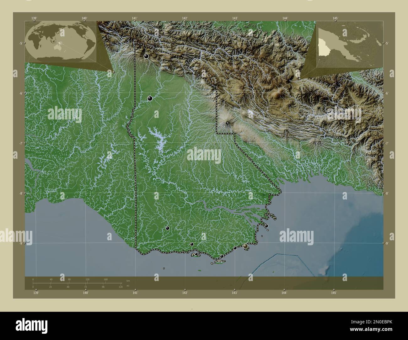 Provincia Occidentale, provincia di Papua Nuova Guinea. Mappa dell'altitudine colorata in stile wiki con laghi e fiumi. Posizioni delle principali città della regione. Co Foto Stock