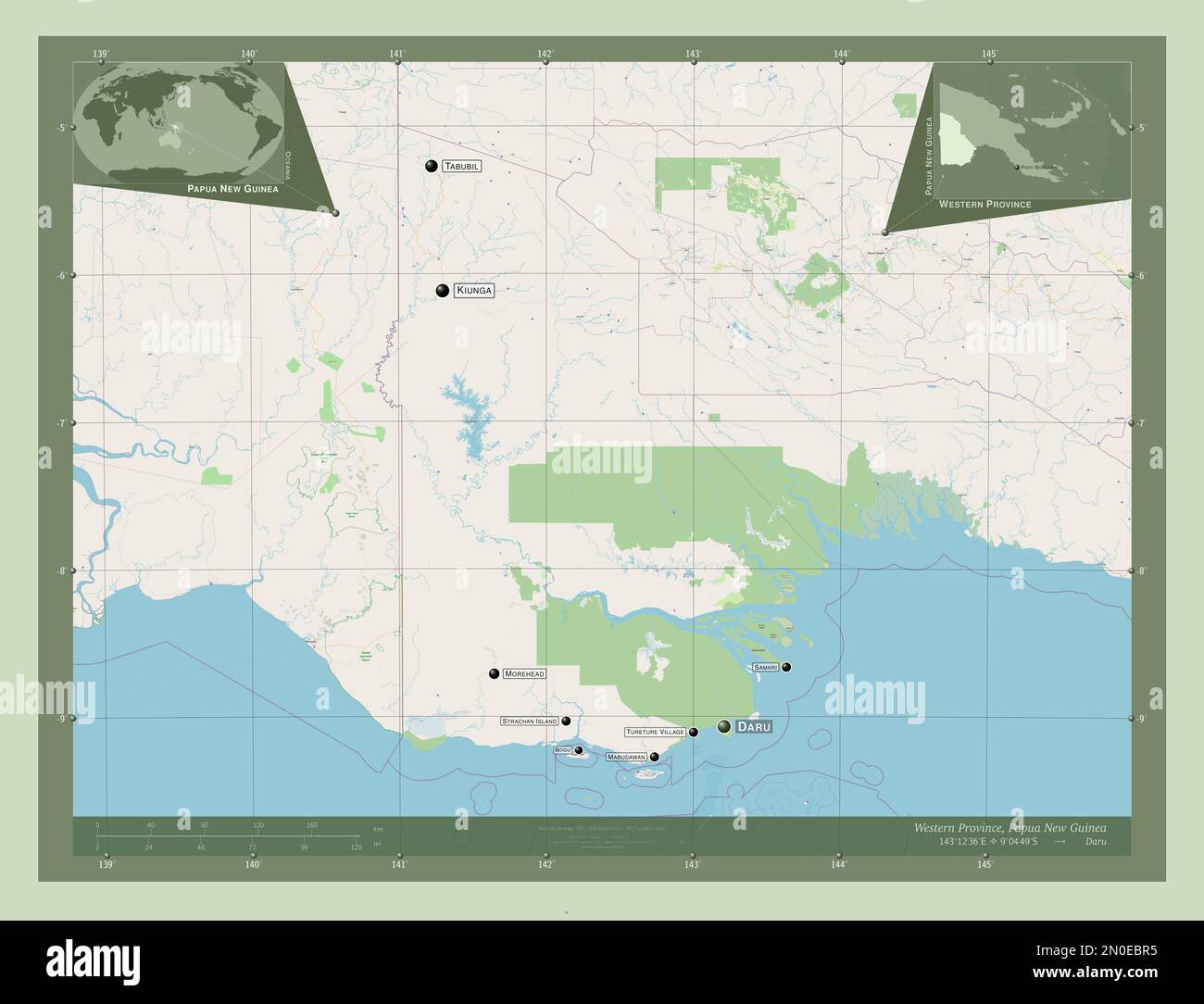 Provincia Occidentale, provincia di Papua Nuova Guinea. Aprire la mappa stradale. Località e nomi delle principali città della regione. Mappe delle posizioni ausiliarie degli angoli Foto Stock