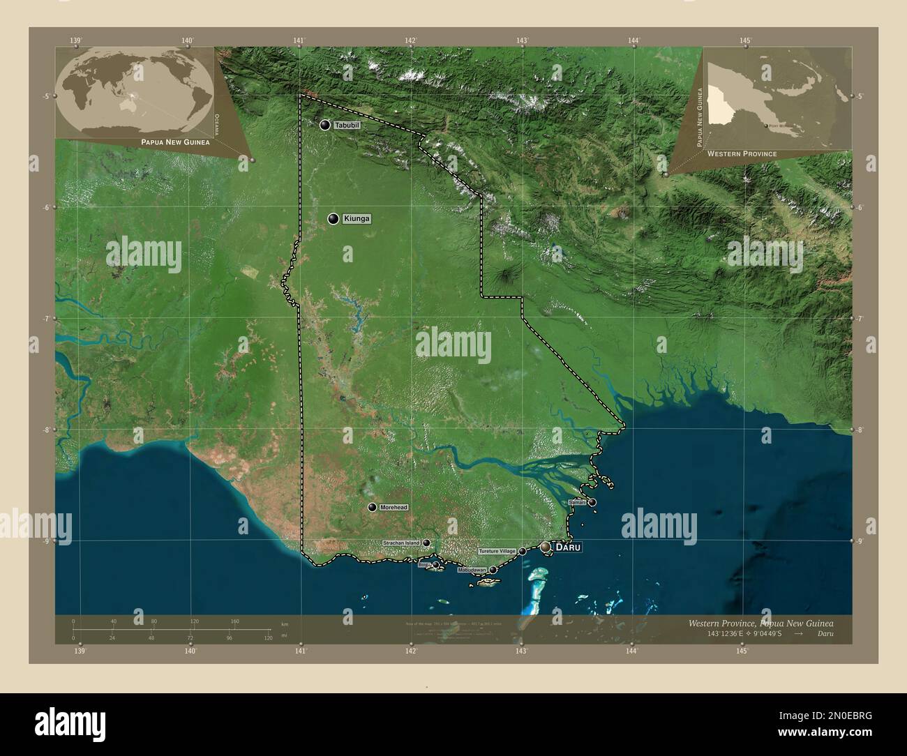 Provincia Occidentale, provincia di Papua Nuova Guinea. Mappa satellitare ad alta risoluzione. Località e nomi delle principali città della regione. Pos. Ausiliario angolo Foto Stock