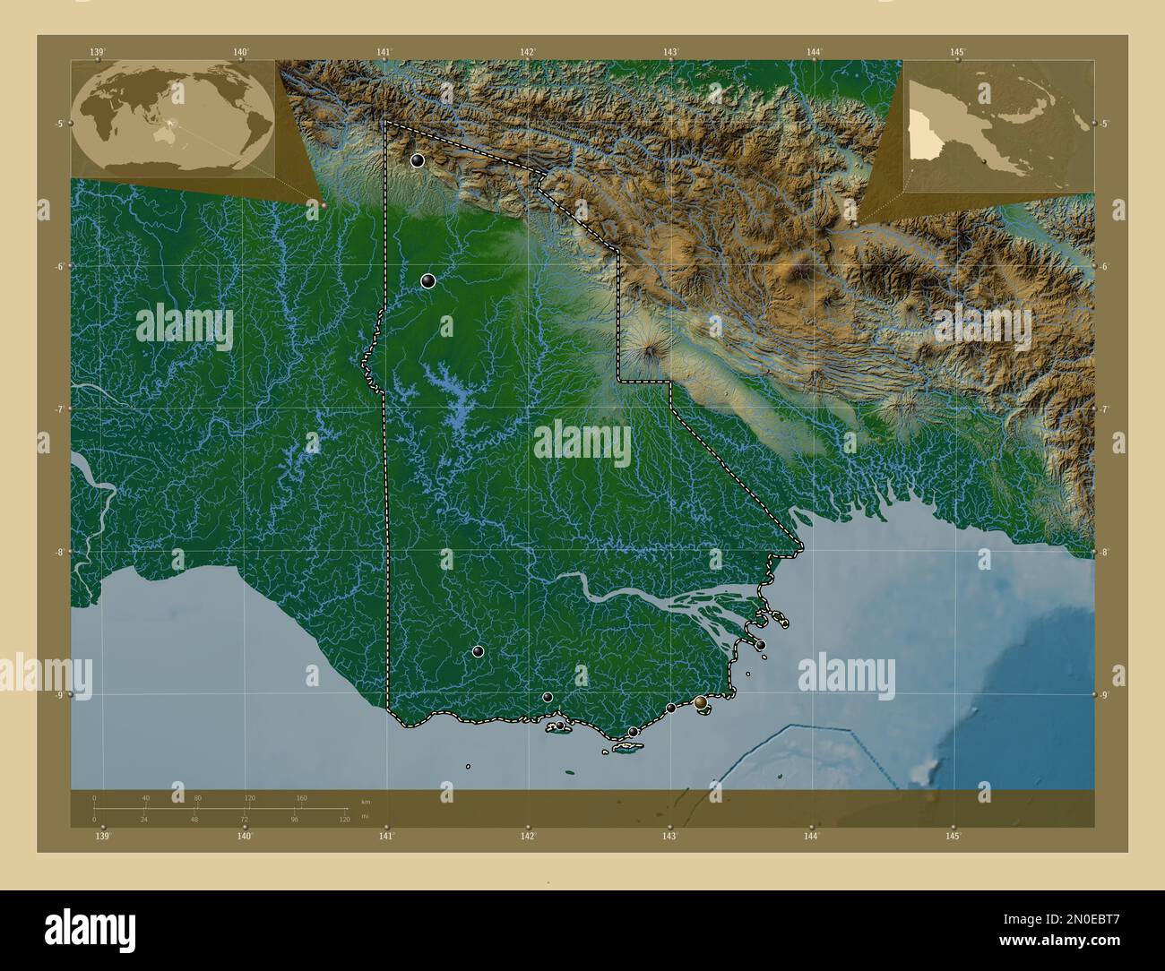 Provincia Occidentale, provincia di Papua Nuova Guinea. Mappa di altitudine colorata con laghi e fiumi. Posizioni delle principali città della regione. Angolo ausiliario Foto Stock