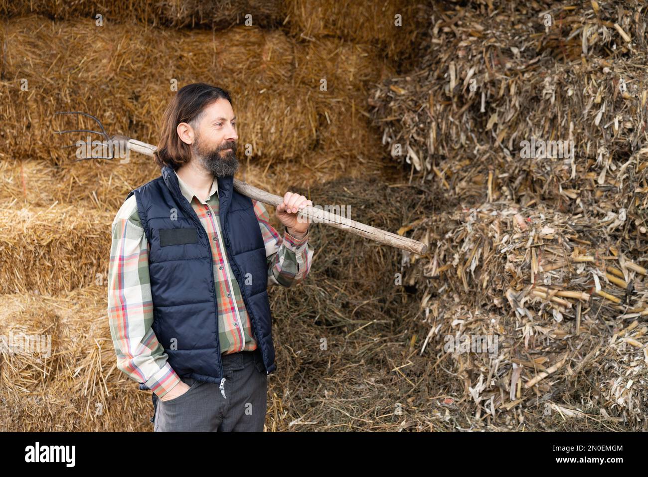 Adulto allevatore caucasico bearded nel fienile. Foto Stock