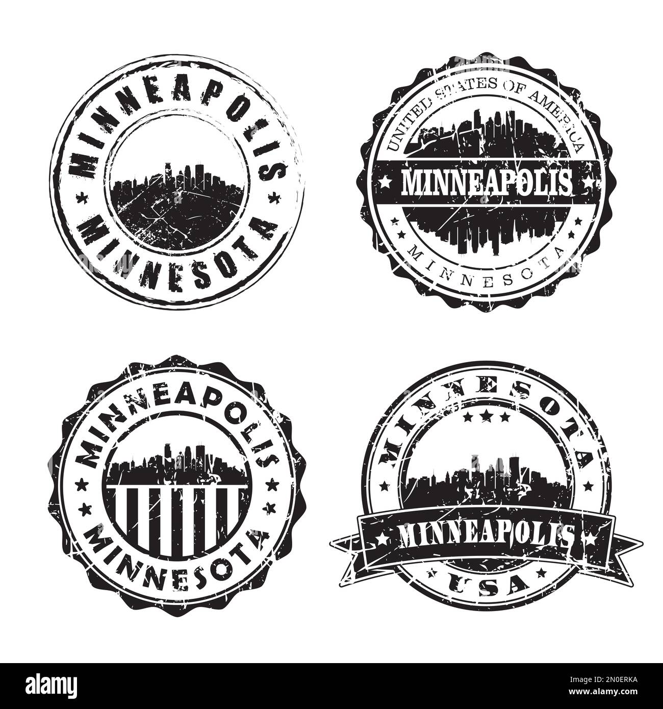 Minneapolis Minnesota timbro postale Skyline. Passaporto postale Silhouette. Set di icone vettore circolare città. Affrancatura vintage Illustrazione Vettoriale