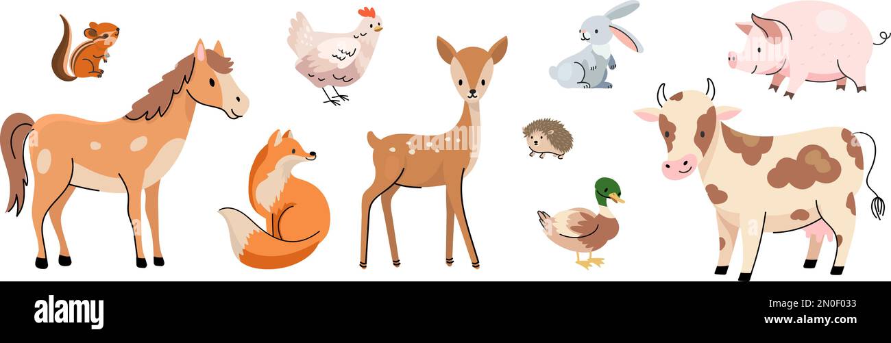 Caratteri animali della fattoria e della foresta. Animali d'allevamento, cavalli di vacca e suini. Isolato cartone animato Kids zoo elementi, oggi fauna selvatica vettore collezione Illustrazione Vettoriale