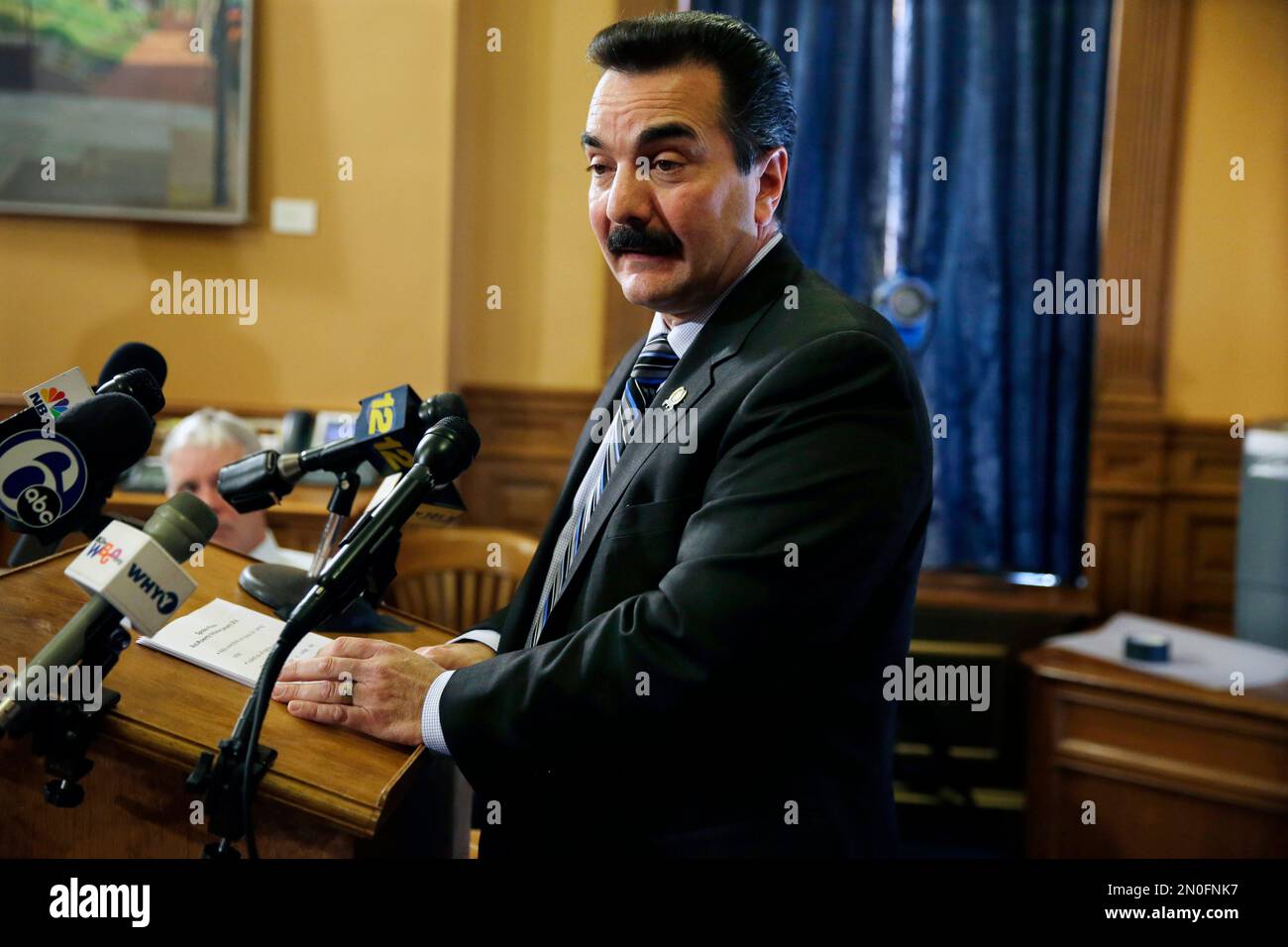 New Jersey Assembly Speaker Vincent Prieto, D-Secaucus, N.J., answers a question after he announced that lawmakers will focus on rolling back poverty in the state in the new legislative session, Wednesday, Jan. 20, 2016, at the the Statehouse in Trenton, N.J. Prieto pointed to a study by Legal Services of New Jersey that calculated there are 2.8 million residents living in poverty in the state as the impetus for the effort. (AP Photo/Mel Evans) Foto Stock