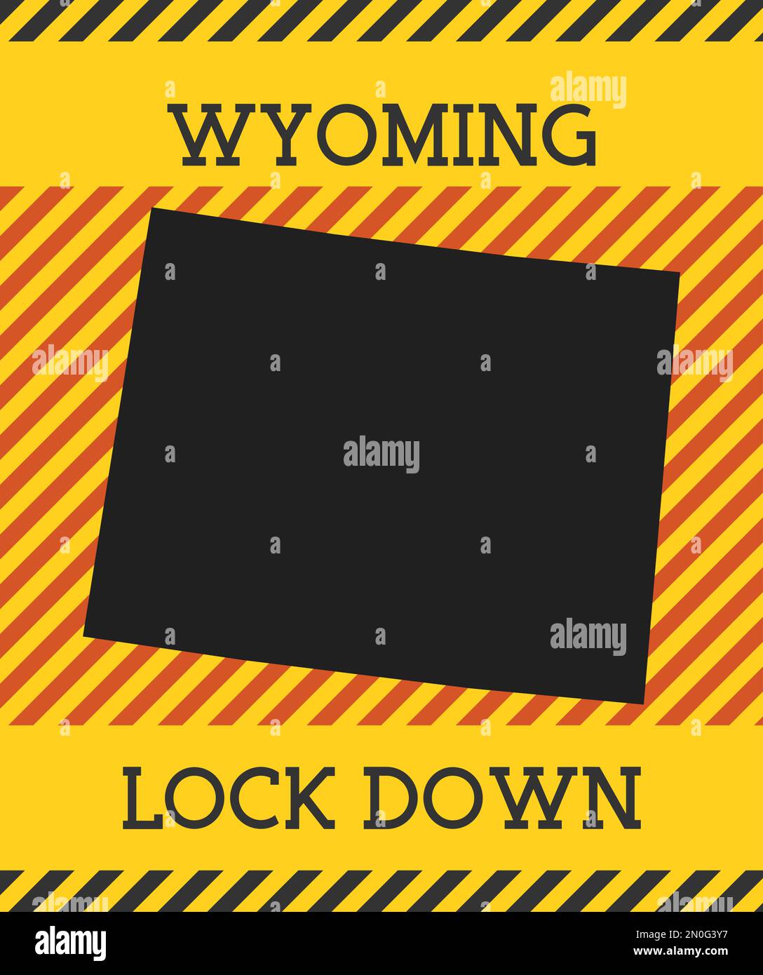 Cartello di blocco Wyoming. Icona gialla di pericolo per la pandemia di stato statunitense. Illustrazione vettoriale. Illustrazione Vettoriale