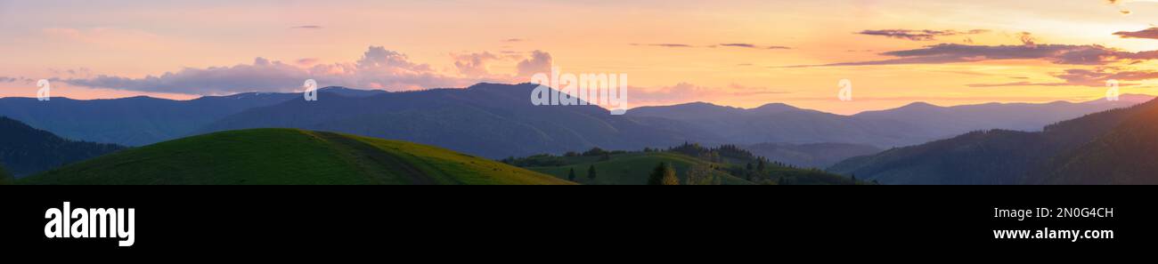 paesaggio montano con prato erboso. paesaggio ondeggiante della campagna carpaatica alla luce della sera Foto Stock