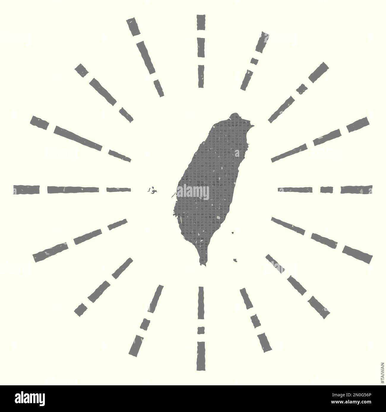 Logo Taiwan. Grunge sunburst poster con mappa del paese. Forma di Taiwan riempita con cifre esadecimali con raggi di sole intorno. Elegante illustrazione vettoriale Illustrazione Vettoriale