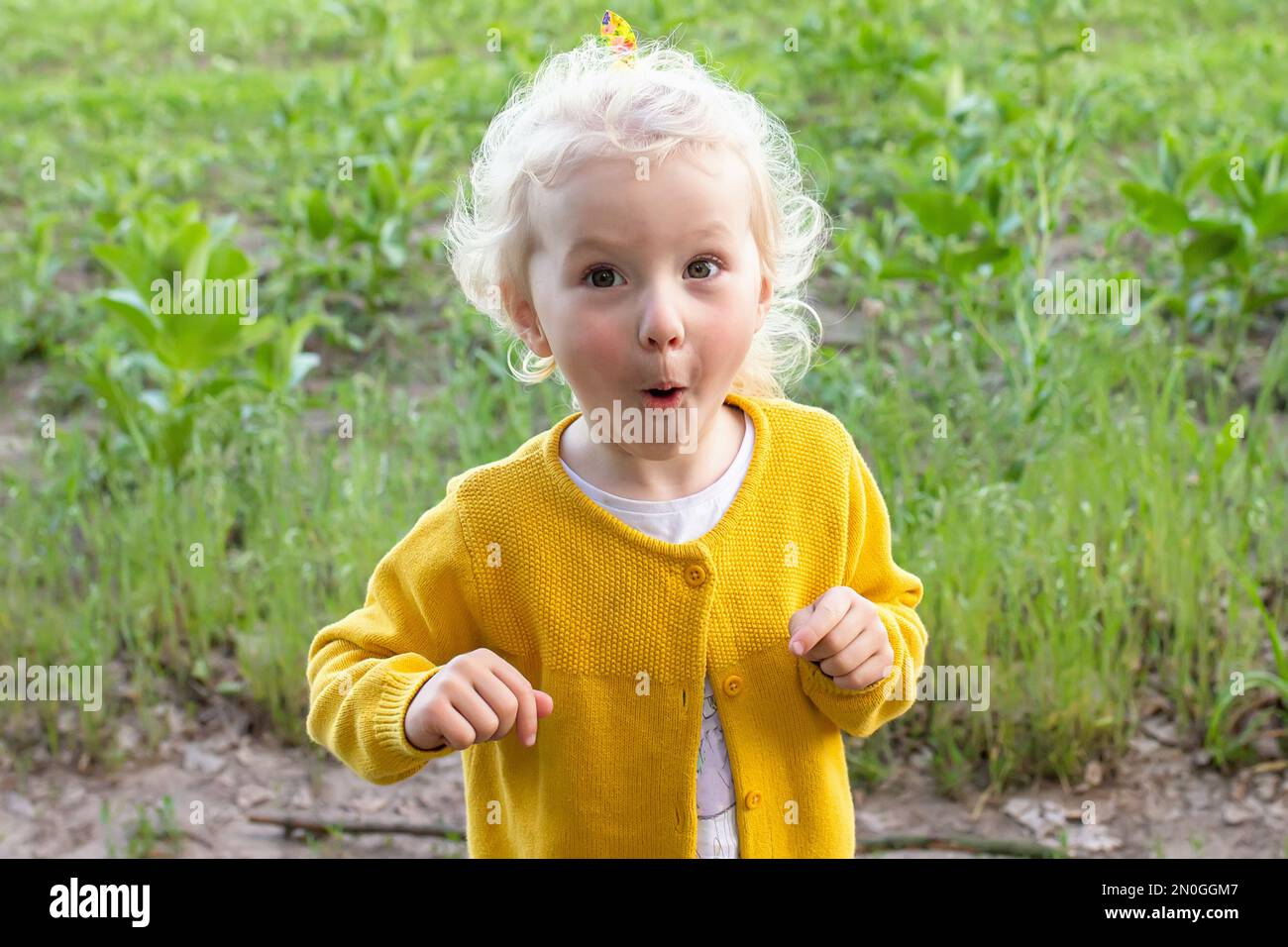 WOW. Sorpresa ragazza stupita. Ritratto toddler che guarda sorpreso in piena incredulità ampie sopracciglia e coprire la bocca aperta. sorpreso e shock Foto Stock