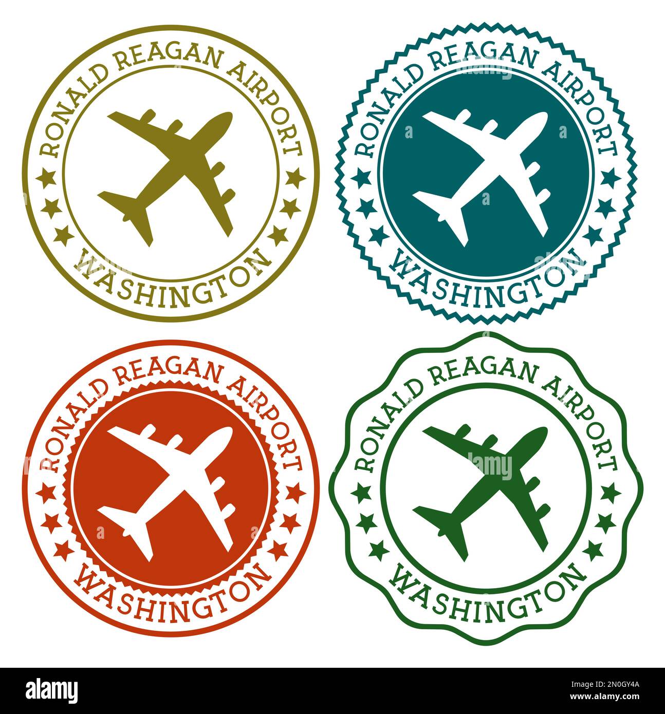 Ronald Reagan Aeroporto Washington. Logo dell'aeroporto di Washington. Timbri piatti nella tavolozza dei colori dei materiali. Illustrazione vettoriale. Illustrazione Vettoriale