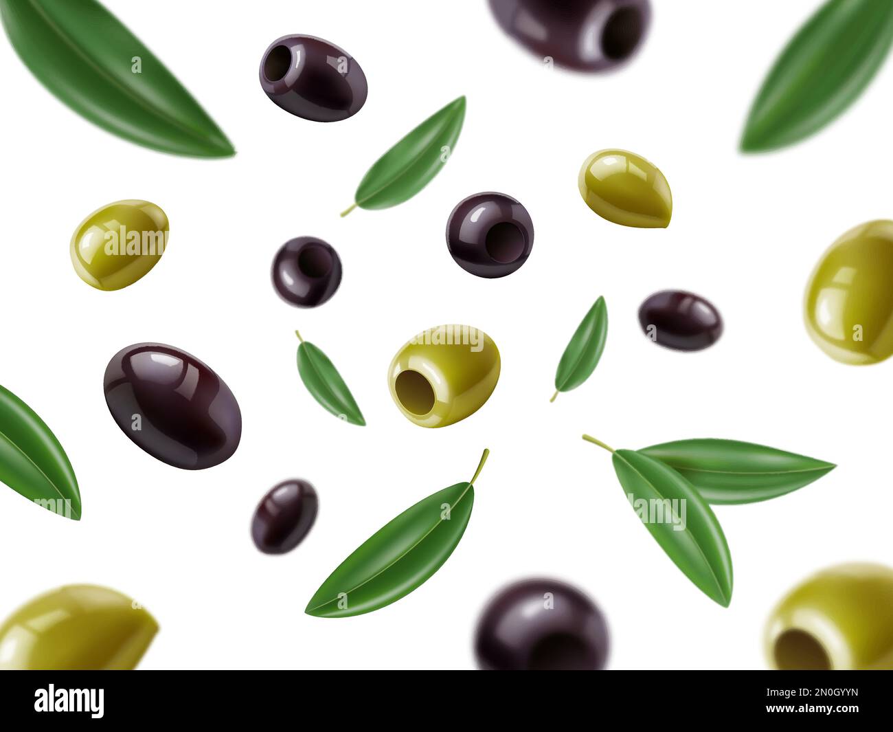 Olive in caduta. Verdure volanti realistiche, sfondo bianco, 3D prodotti vegetali isolati, verde e nero con foglie, cibo naturale mediterraneo Illustrazione Vettoriale