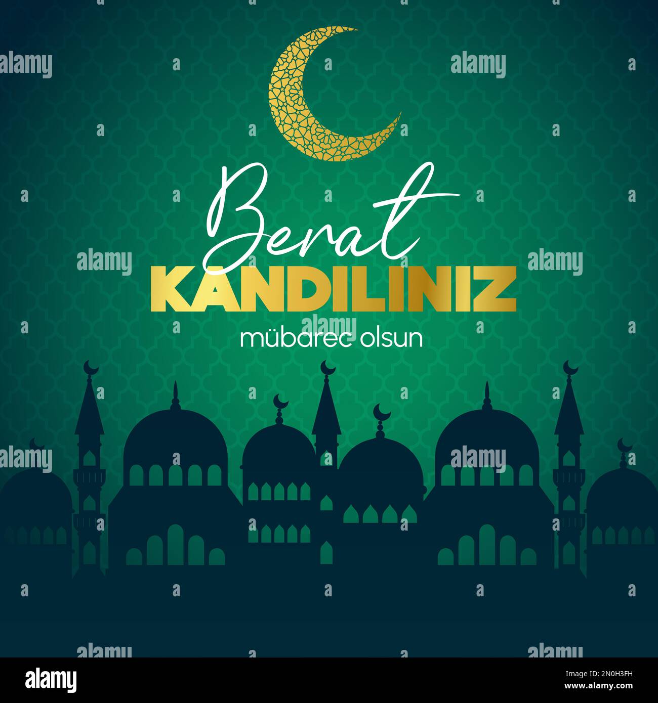 Vacanze musulmane Berat Kandili. Concetto vettoriale della notte Santa islamica. Carta con silhouette della moschea, luna crescente. Sfondo verde sfumato con Illustrazione Vettoriale